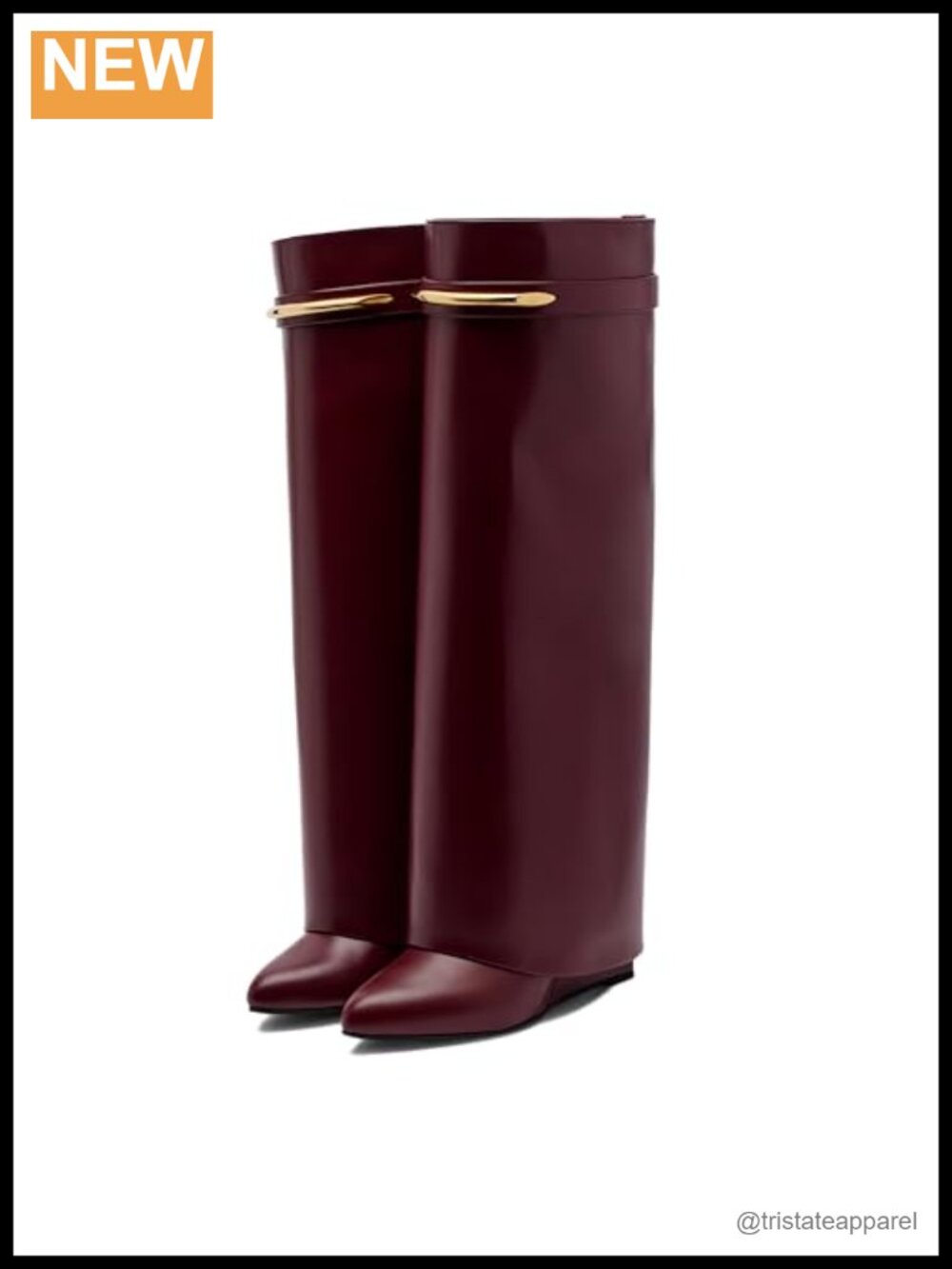 Knee High Wedge Boots Fold Over Shark Boots Pull On Wide Calf Leather